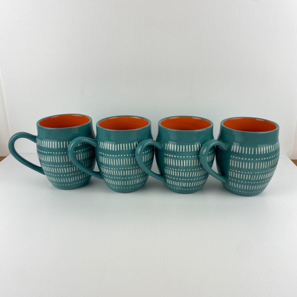Baum Tangier Turquoise Mug Set of 4 Ceramic Coffee Cups Orange Inside 19 Oz - Picture 5 of 9
